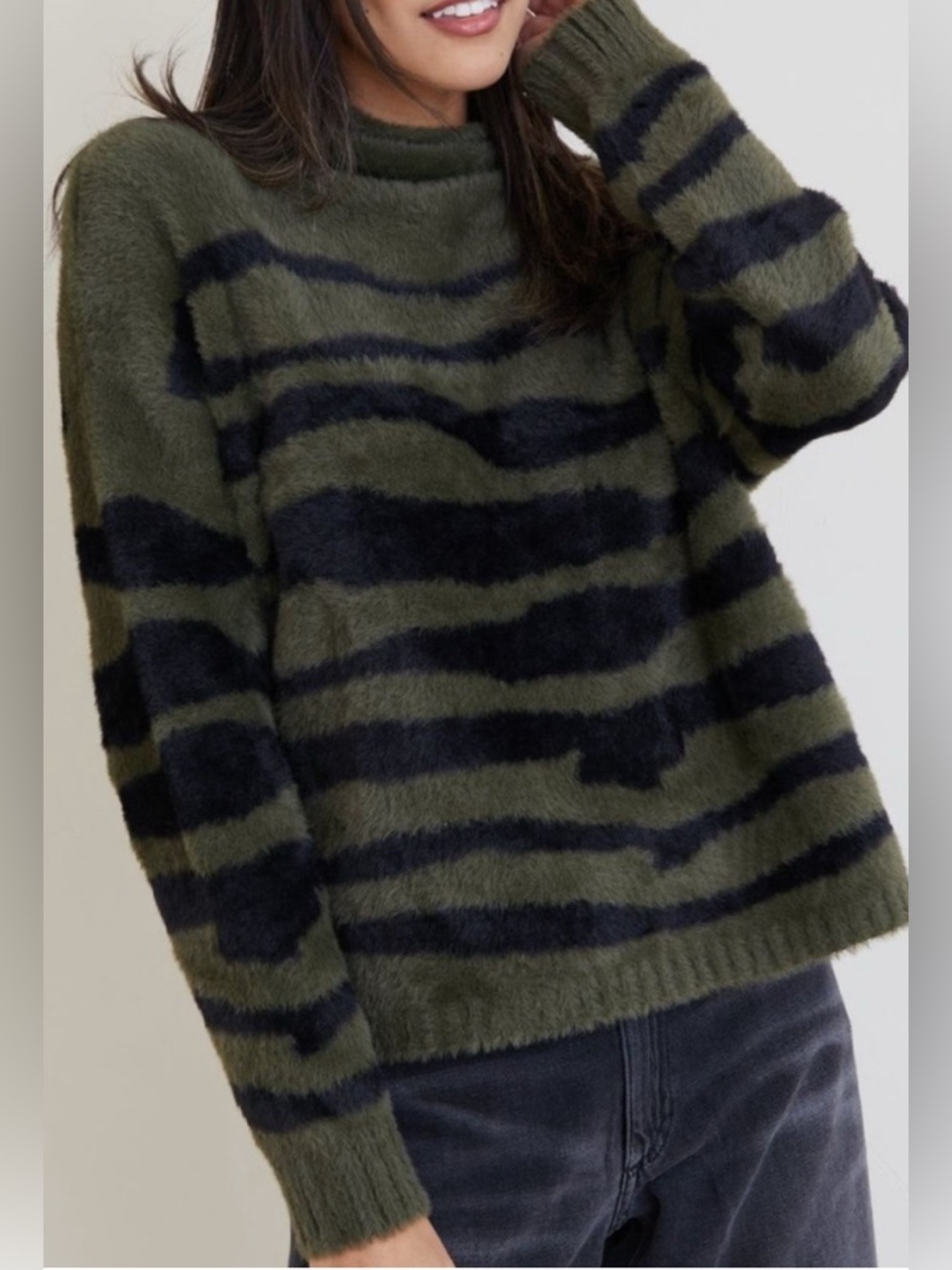 Revolve Bella Dahl Fuzzy Striped Olive and Black Sweater